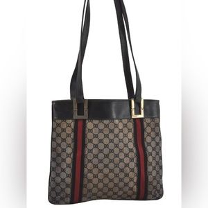 Authentic GUCCI Sherry Line Shoulder Bag GG Canvas Leather Navy Blue